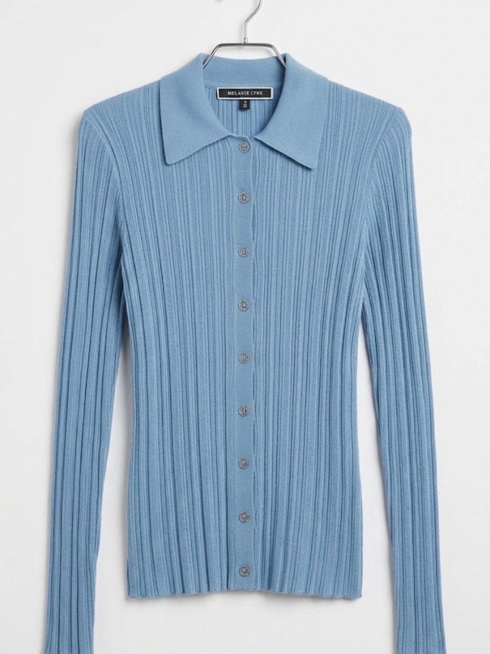 Melanie Lyne Ribbed Knit Polo Cardigan in Light Blue - Size XS